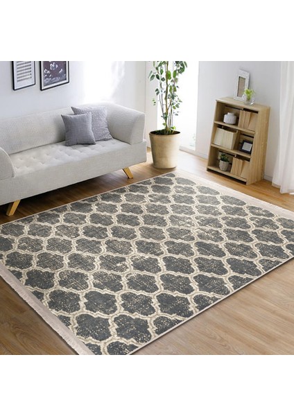 Krem Zeminde Morrocan Motifli Otantik Desenli Geometrik Vintage Salon & Oturma Odası Koridor & Antre Dijital Baskılı Makinede Yıkanabilir Kaymaz Taban Saçaklı Halı