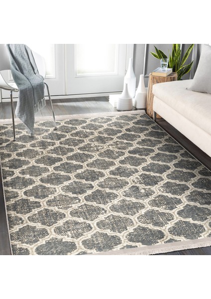 Krem Zeminde Morrocan Motifli Otantik Desenli Geometrik Vintage Salon & Oturma Odası Koridor & Antre Dijital Baskılı Makinede Yıkanabilir Kaymaz Taban Saçaklı Halı