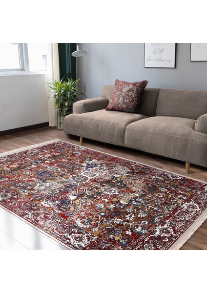 Kırmızı Zeminde Dokuma Halı Motifli Kilim Desenli Etnik Motifler Eskitme Motifli Salon & Oturma Odası Dış Mekan & Outdoor Dijital Baskılı Makinede Yıkanabilir Kaymaz Taban Saçaklı Halı