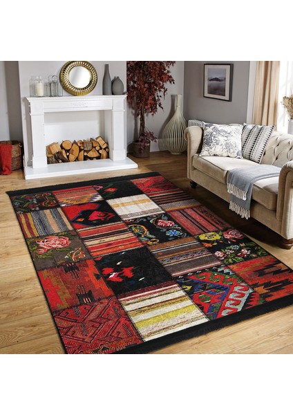 Siyah - Kırmızı Zeminde Patchwork Motifli Etnik Desenli Vintage Etnik Motifler Koridor & Antre Yatak Odası Dijital Baskılı Makinede Yıkanabilir Kaymaz Taban Saçaklı Halı