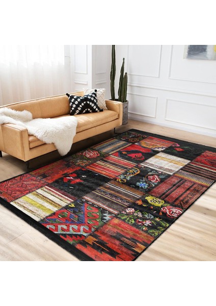 Siyah - Kırmızı Zeminde Patchwork Motifli Etnik Desenli Vintage Etnik Motifler Koridor & Antre Yatak Odası Dijital Baskılı Makinede Yıkanabilir Kaymaz Taban Saçaklı Halı modelleri