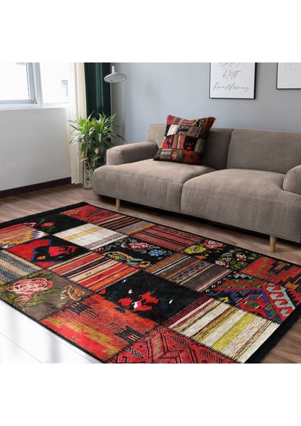 Siyah - Kırmızı Zeminde Patchwork Motifli Etnik Desenli Vintage Etnik Motifler Koridor & Antre Yatak Odası Dijital Baskılı Makinede Yıkanabilir Kaymaz Taban Saçaklı Halı indirimleri