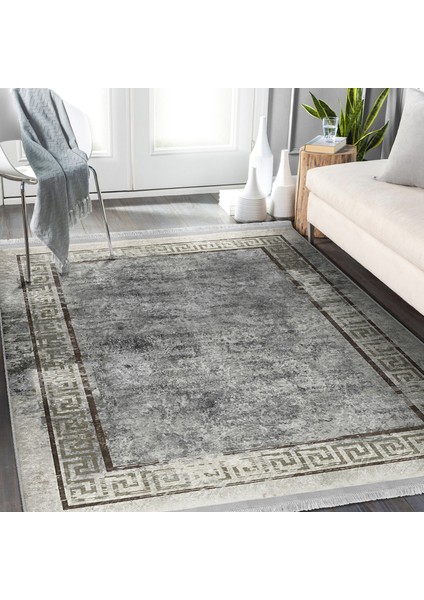 Gri Zeminde Çerçeveli Motifli Antik Desenli Geometrik Eskitme Motifli Salon & Oturma Odası Yatak Odası Dijital Baskılı Makinede Yıkanabilir Kaymaz Taban Saçaklı Halı