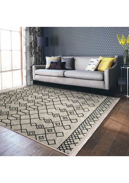 Bej - Siyah Zeminde Boho Motifli Etnik Desenli Etnik Motifler Geometrik Salon & Oturma Odası Dış Mekan & Outdoor Dijital Baskılı Makinede Yıkanabilir Kaymaz Taban Saçaklı Halı