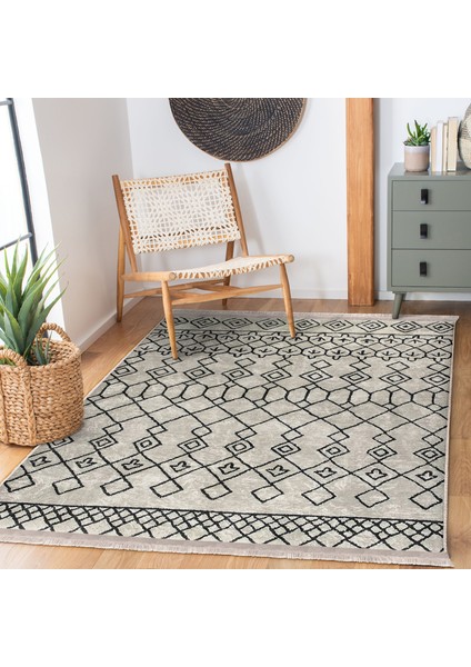 Bej - Siyah Zeminde Boho Motifli Etnik Desenli Etnik Motifler Geometrik Salon & Oturma Odası Dış Mekan & Outdoor Dijital Baskılı Makinede Yıkanabilir Kaymaz Taban Saçaklı Halı
