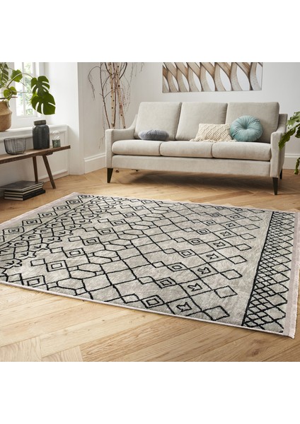 Bej - Siyah Zeminde Boho Motifli Etnik Desenli Etnik Motifler Geometrik Salon & Oturma Odası Dış Mekan & Outdoor Dijital Baskılı Makinede Yıkanabilir Kaymaz Taban Saçaklı Halı