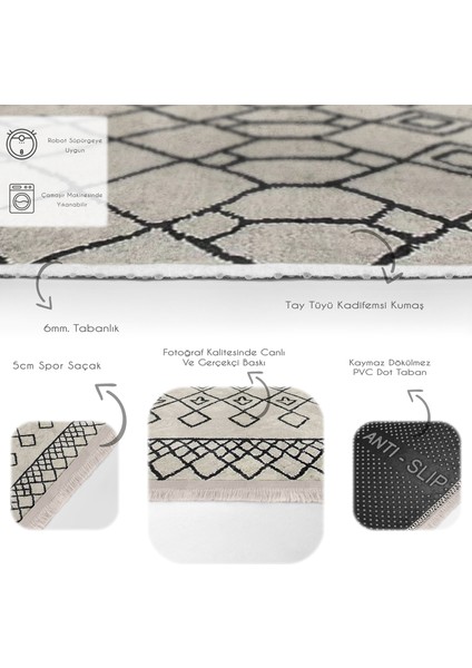 Bej - Siyah Zeminde Boho Motifli Etnik Desenli Etnik Motifler Geometrik Salon & Oturma Odası Dış Mekan & Outdoor Dijital Baskılı Makinede Yıkanabilir Kaymaz Taban Saçaklı Halı