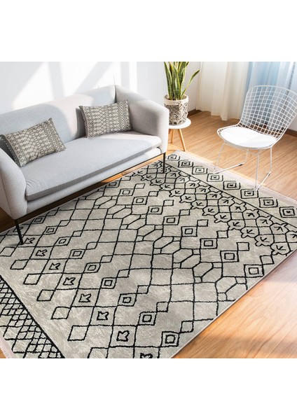Bej - Siyah Zeminde Boho Motifli Etnik Desenli Etnik Motifler Geometrik Salon & Oturma Odası Dış Mekan & Outdoor Dijital Baskılı Makinede Yıkanabilir Kaymaz Taban Saçaklı Halı