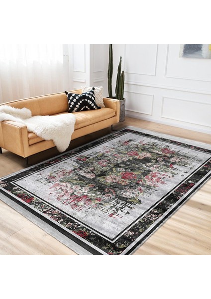 Siyah - Kırmızı Zeminde Çerçeveli Motifli Çiçek Desenli Floral Eskitme Motifli Salon & Oturma Odası Mutfak Dijital Baskılı Makinede Yıkanabilir Kaymaz Taban Saçaklı Halı