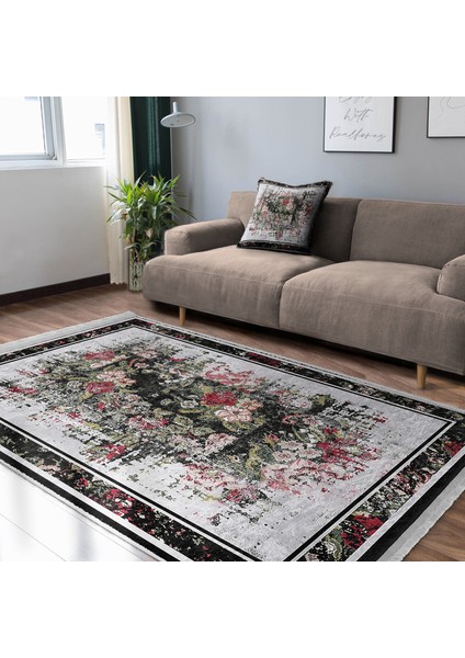 Siyah - Kırmızı Zeminde Çerçeveli Motifli Çiçek Desenli Floral Eskitme Motifli Salon & Oturma Odası Mutfak Dijital Baskılı Makinede Yıkanabilir Kaymaz Taban Saçaklı Halı fiyatları