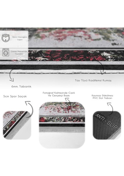 Siyah - Kırmızı Zeminde Çerçeveli Motifli Çiçek Desenli Floral Eskitme Motifli Salon & Oturma Odası Mutfak Dijital Baskılı Makinede Yıkanabilir Kaymaz Taban Saçaklı Halı fırsatları