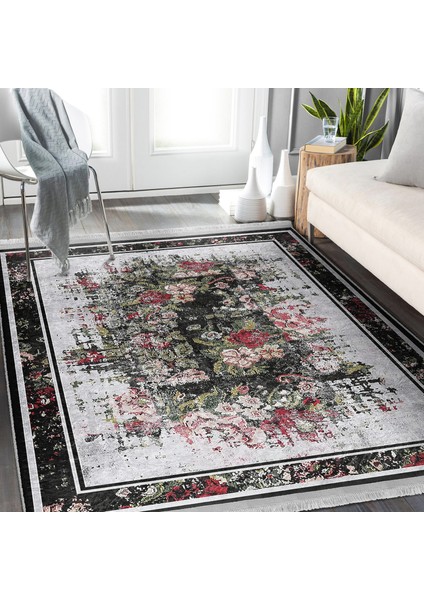 Siyah - Kırmızı Zeminde Çerçeveli Motifli Çiçek Desenli Floral Eskitme Motifli Salon & Oturma Odası Mutfak Dijital Baskılı Makinede Yıkanabilir Kaymaz Taban Saçaklı Halı indirimleri