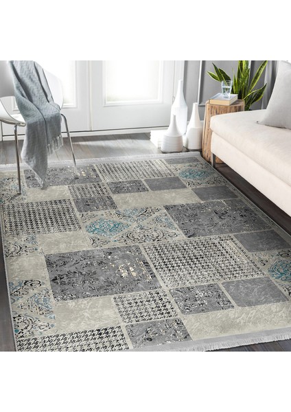 Gri - Bej Zeminde Patchwork Motifli Kazayağı Desenli Eskitme Motifli Vintage Yatak Odası Salon & Oturma Odası Dijital Baskılı Makinede Yıkanabilir Kaymaz Taban Saçaklı Halı fiyatları