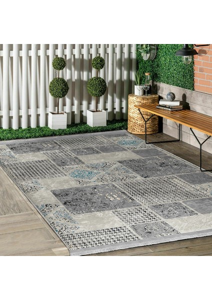 Gri - Bej Zeminde Patchwork Motifli Kazayağı Desenli Eskitme Motifli Vintage Yatak Odası Salon & Oturma Odası Dijital Baskılı Makinede Yıkanabilir Kaymaz Taban Saçaklı Halı modelleri