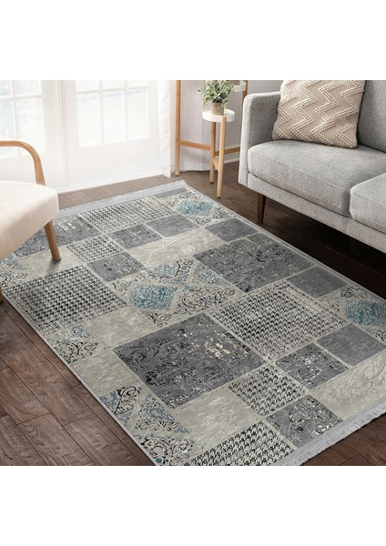 Gri - Bej Zeminde Patchwork Motifli Kazayağı Desenli Eskitme Motifli Vintage Yatak Odası Salon & Oturma Odası Dijital Baskılı Makinede Yıkanabilir Kaymaz Taban Saçaklı Halı indirimleri