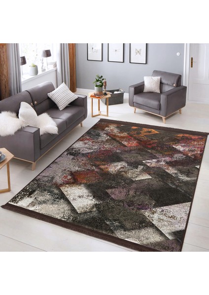Kahverengi Zeminde Yağlı Boya Motifli Eskitme Desenli Eskitme Motifli Modern Salon & Oturma Odası Balkon Dijital Baskılı Makinede Yıkanabilir Kaymaz Taban Saçaklı Halı modelleri