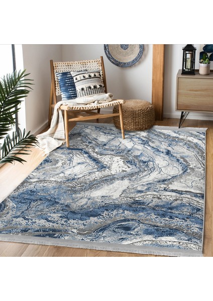 Mavi Zeminde Eskitme Motifli Antik Desenli Eskitme Motifli Vintage Koridor & Antre Dış Mekan & Outdoor Dijital Baskılı Makinede Yıkanabilir Kaymaz Taban Saçaklı Halı