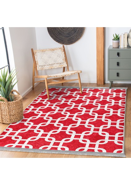 Kırmızı Zeminde Geometrik Motifli Mozaik Desenli Geometrik Sade & Şık Koridor & Antre Çocuk & Genç Odası Dijital Baskılı Makinede Yıkanabilir Kaymaz Taban Saçaklı Halı