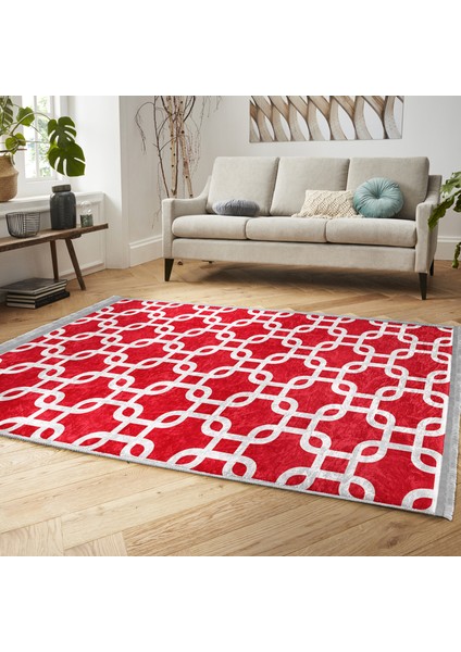 Kırmızı Zeminde Geometrik Motifli Mozaik Desenli Geometrik Sade & Şık Koridor & Antre Çocuk & Genç Odası Dijital Baskılı Makinede Yıkanabilir Kaymaz Taban Saçaklı Halı fiyatları