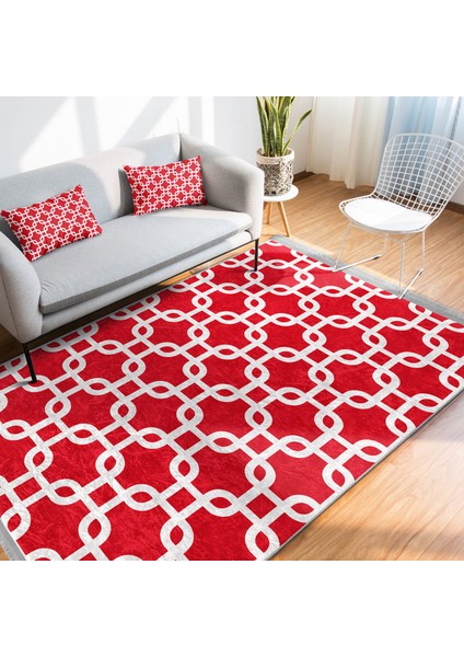 Kırmızı Zeminde Geometrik Motifli Mozaik Desenli Geometrik Sade & Şık Koridor & Antre Çocuk & Genç Odası Dijital Baskılı Makinede Yıkanabilir Kaymaz Taban Saçaklı Halı modelleri