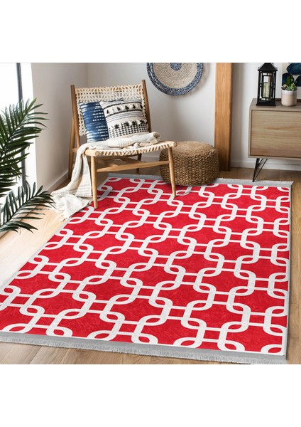 Kırmızı Zeminde Geometrik Motifli Mozaik Desenli Geometrik Sade & Şık Koridor & Antre Çocuk & Genç Odası Dijital Baskılı Makinede Yıkanabilir Kaymaz Taban Saçaklı Halı indirimleri