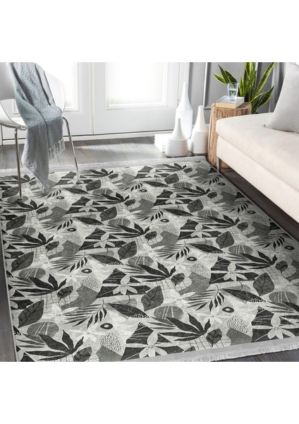 Gri Zeminde Tropik Motifli Yaprak Desenli Floral Summer & Fresh Salon & Oturma Odası Dış Mekan & Outdoor Dijital Baskılı Makinede Yıkanabilir Kaymaz Taban Saçaklı Halı fiyatları