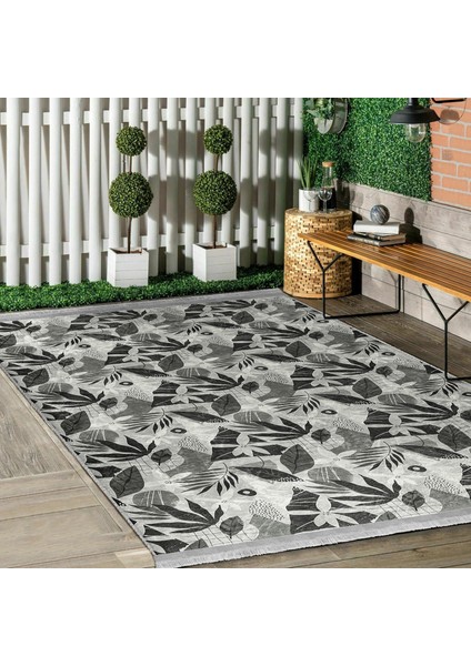 Gri Zeminde Tropik Motifli Yaprak Desenli Floral Summer & Fresh Salon & Oturma Odası Dış Mekan & Outdoor Dijital Baskılı Makinede Yıkanabilir Kaymaz Taban Saçaklı Halı modelleri