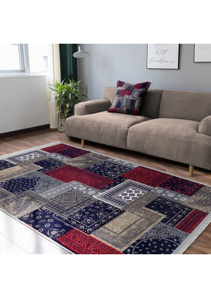 Lacivert - Kırmızı Zeminde Patchwork Motifli Kilim Desenli Klasik Vintage Koridor & Antre Yatak Odası Dijital Baskılı Makinede Yıkanabilir Kaymaz Taban Saçaklı Halı