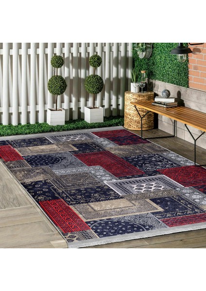 Lacivert - Kırmızı Zeminde Patchwork Motifli Kilim Desenli Klasik Vintage Koridor & Antre Yatak Odası Dijital Baskılı Makinede Yıkanabilir Kaymaz Taban Saçaklı Halı indirimleri