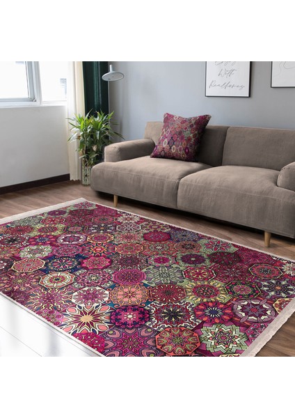 Kırmızı Zeminde Patchwork Motifli Geleneksel Desenli Geometrik Vintage Koridor & Antre Salon & Oturma Odası Dijital Baskılı Makinede Yıkanabilir Kaymaz Taban Saçaklı Halı