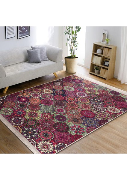 Kırmızı Zeminde Patchwork Motifli Geleneksel Desenli Geometrik Vintage Koridor & Antre Salon & Oturma Odası Dijital Baskılı Makinede Yıkanabilir Kaymaz Taban Saçaklı Halı fiyatları