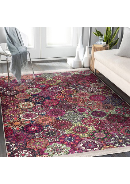 Kırmızı Zeminde Patchwork Motifli Geleneksel Desenli Geometrik Vintage Koridor & Antre Salon & Oturma Odası Dijital Baskılı Makinede Yıkanabilir Kaymaz Taban Saçaklı Halı modelleri