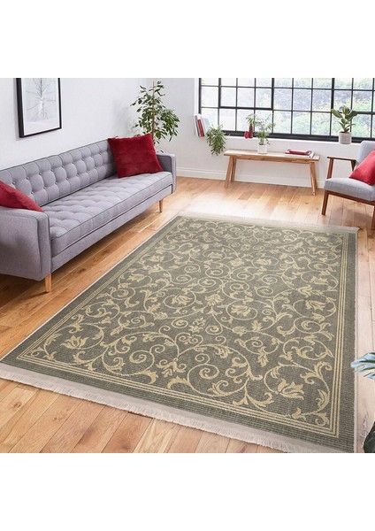 Krem - Gri Zeminde El Dokuma Motifli Antika Desenli Vintage Avangarde Dış Mekan & Outdoor Yatak Odası Dijital Baskılı Makinede Yıkanabilir Kaymaz Taban Saçaklı Halı