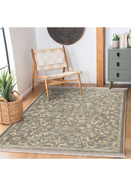 Krem - Gri Zeminde El Dokuma Motifli Antika Desenli Vintage Avangarde Dış Mekan & Outdoor Yatak Odası Dijital Baskılı Makinede Yıkanabilir Kaymaz Taban Saçaklı Halı indirimleri