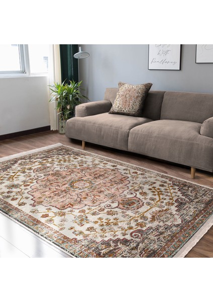 Krem - Çok Renkli Zeminde Uşak Motifli Dokuma Halı Desenli Avangarde Vintage Salon & Oturma Odası Dış Mekan & Outdoor Dijital Baskılı Makinede Yıkanabilir Kaymaz Taban Saçaklı Halı fiyatları