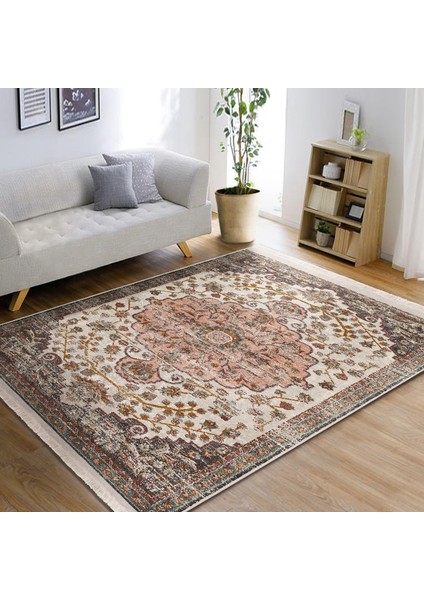 Krem - Çok Renkli Zeminde Uşak Motifli Dokuma Halı Desenli Avangarde Vintage Salon & Oturma Odası Dış Mekan & Outdoor Dijital Baskılı Makinede Yıkanabilir Kaymaz Taban Saçaklı Halı modelleri