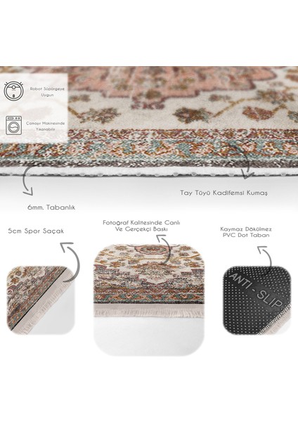 Krem - Çok Renkli Zeminde Uşak Motifli Dokuma Halı Desenli Avangarde Vintage Salon & Oturma Odası Dış Mekan & Outdoor Dijital Baskılı Makinede Yıkanabilir Kaymaz Taban Saçaklı Halı fırsatları