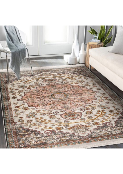 Krem - Çok Renkli Zeminde Uşak Motifli Dokuma Halı Desenli Avangarde Vintage Salon & Oturma Odası Dış Mekan & Outdoor Dijital Baskılı Makinede Yıkanabilir Kaymaz Taban Saçaklı Halı indirimleri