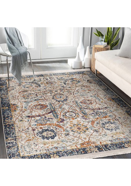 Ekru - Mavi Zeminde Otantik Motifli Osmanlı Desenli Avangarde Eskitme Motifli Salon & Oturma Odası Dış Mekan & Outdoor Dijital Baskılı Makinede Yıkanabilir Kaymaz Taban Saçaklı Halı