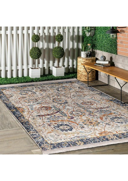 Ekru - Mavi Zeminde Otantik Motifli Osmanlı Desenli Avangarde Eskitme Motifli Salon & Oturma Odası Dış Mekan & Outdoor Dijital Baskılı Makinede Yıkanabilir Kaymaz Taban Saçaklı Halı fiyatları