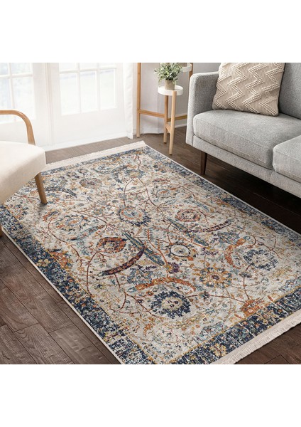 Ekru - Mavi Zeminde Otantik Motifli Osmanlı Desenli Avangarde Eskitme Motifli Salon & Oturma Odası Dış Mekan & Outdoor Dijital Baskılı Makinede Yıkanabilir Kaymaz Taban Saçaklı Halı modelleri
