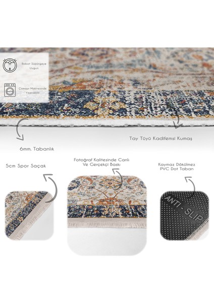 Ekru - Mavi Zeminde Otantik Motifli Osmanlı Desenli Avangarde Eskitme Motifli Salon & Oturma Odası Dış Mekan & Outdoor Dijital Baskılı Makinede Yıkanabilir Kaymaz Taban Saçaklı Halı fırsatları