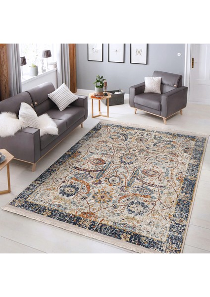 Ekru - Mavi Zeminde Otantik Motifli Osmanlı Desenli Avangarde Eskitme Motifli Salon & Oturma Odası Dış Mekan & Outdoor Dijital Baskılı Makinede Yıkanabilir Kaymaz Taban Saçaklı Halı indirimleri