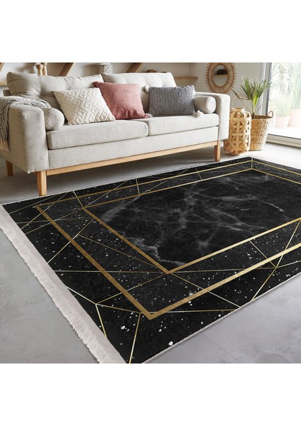 Siyah - Gold Zeminde Çerçeveli Motifli Altın Desenli Geometrik Klasik Salon & Oturma Odası Yatak Odası Dijital Baskılı Makinede Yıkanabilir Kaymaz Taban Saçaklı Halı