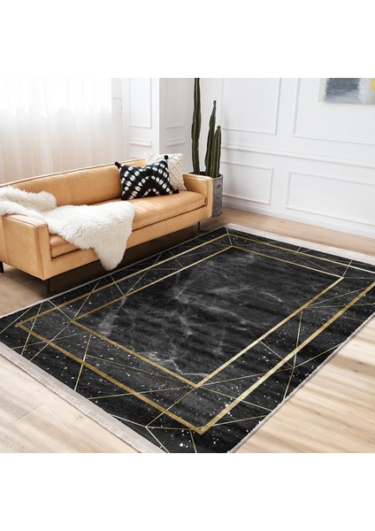 Siyah - Gold Zeminde Çerçeveli Motifli Altın Desenli Geometrik Klasik Salon & Oturma Odası Yatak Odası Dijital Baskılı Makinede Yıkanabilir Kaymaz Taban Saçaklı Halı fiyatları