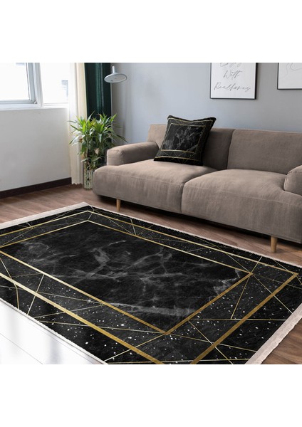 Siyah - Gold Zeminde Çerçeveli Motifli Altın Desenli Geometrik Klasik Salon & Oturma Odası Yatak Odası Dijital Baskılı Makinede Yıkanabilir Kaymaz Taban Saçaklı Halı modelleri