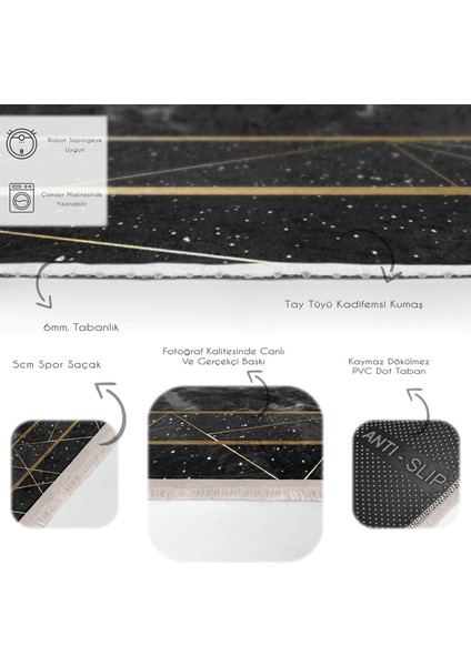Siyah - Gold Zeminde Çerçeveli Motifli Altın Desenli Geometrik Klasik Salon & Oturma Odası Yatak Odası Dijital Baskılı Makinede Yıkanabilir Kaymaz Taban Saçaklı Halı fırsatları