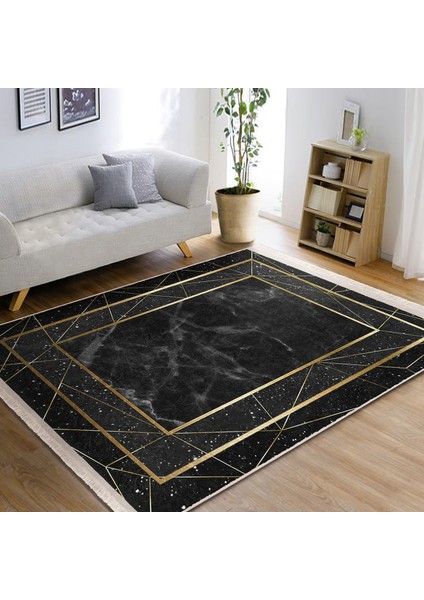 Siyah - Gold Zeminde Çerçeveli Motifli Altın Desenli Geometrik Klasik Salon & Oturma Odası Yatak Odası Dijital Baskılı Makinede Yıkanabilir Kaymaz Taban Saçaklı Halı indirimleri