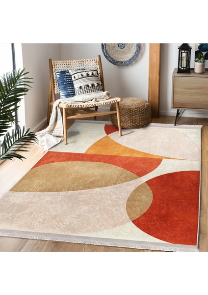 Turuncu - Krem Zeminde Abstract Motifli Tablo Desenli Bohem Modern Salon & Oturma Odası Yatak Odası Dijital Baskılı Makinede Yıkanabilir Kaymaz Taban Saçaklı Halı