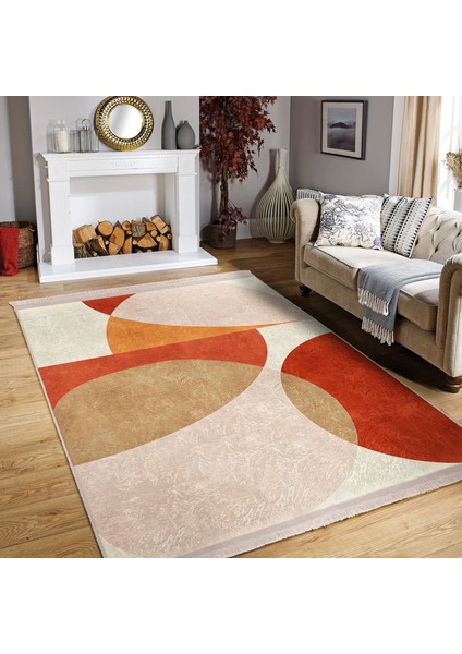 Turuncu - Krem Zeminde Abstract Motifli Tablo Desenli Bohem Modern Salon & Oturma Odası Yatak Odası Dijital Baskılı Makinede Yıkanabilir Kaymaz Taban Saçaklı Halı fiyatları